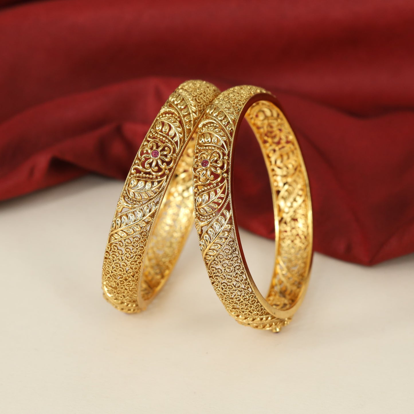 Antique Bangles with Continuous Botanical Scrollwork and Intricate Granulated Borders