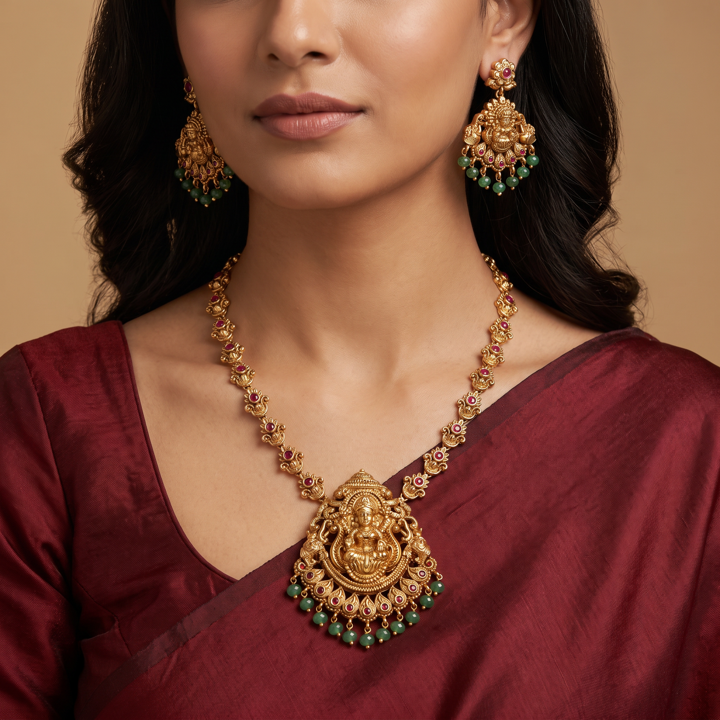 Regal Lakshmi Necklace Featuring Repeated Floral Forms and Ornamental Centre Detailing
