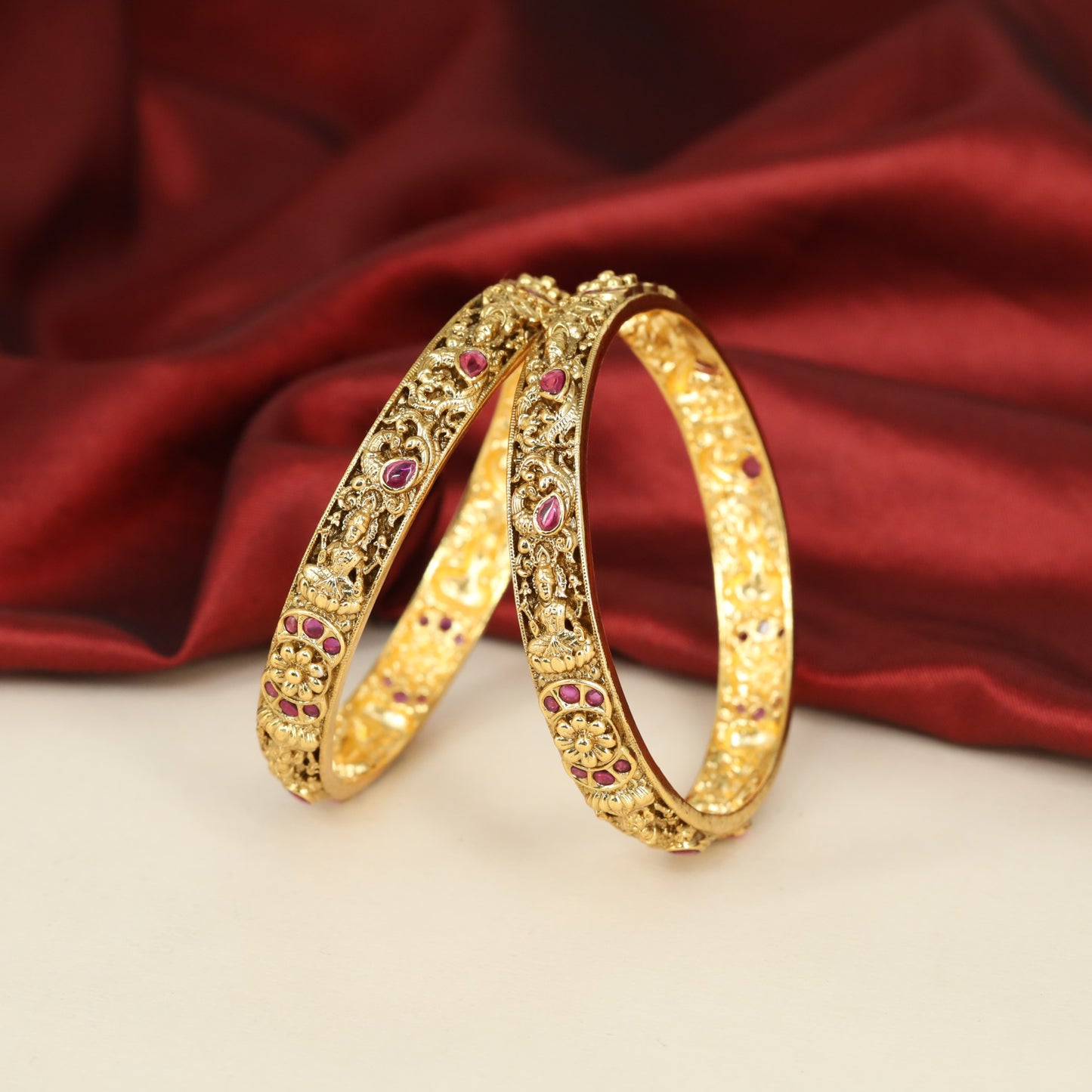 Lakshmi Antique Bangles with sculpted deity panels and floral detailing