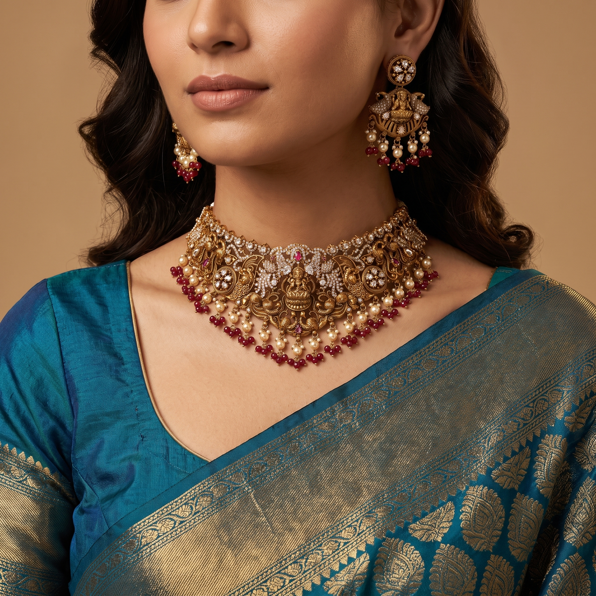 Lakshmi Figure Centre Choker with Symmetrical Peacock Frames