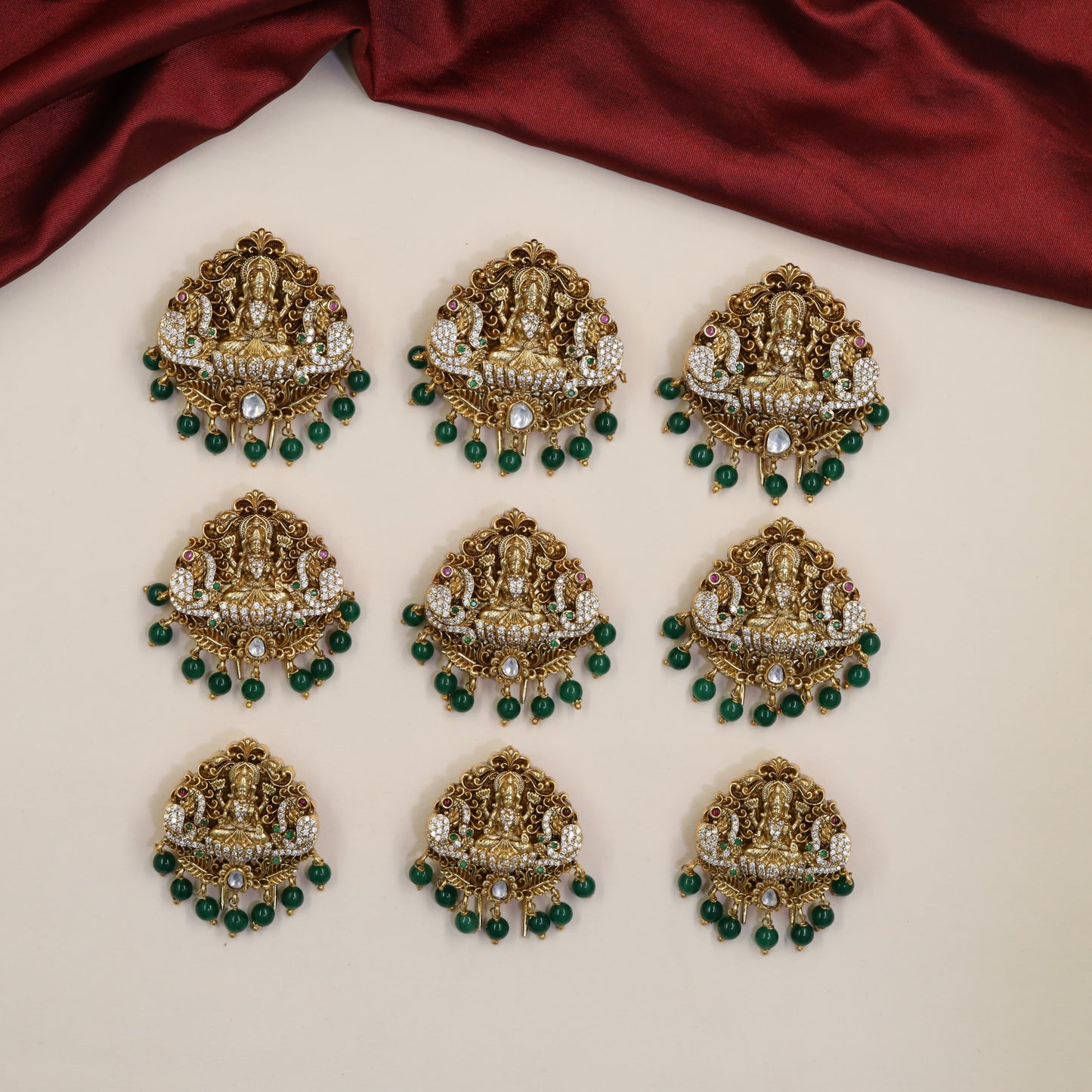 Luxe Peacock Antique Jade Bille with detailed Lakshmi centre and ornamental work