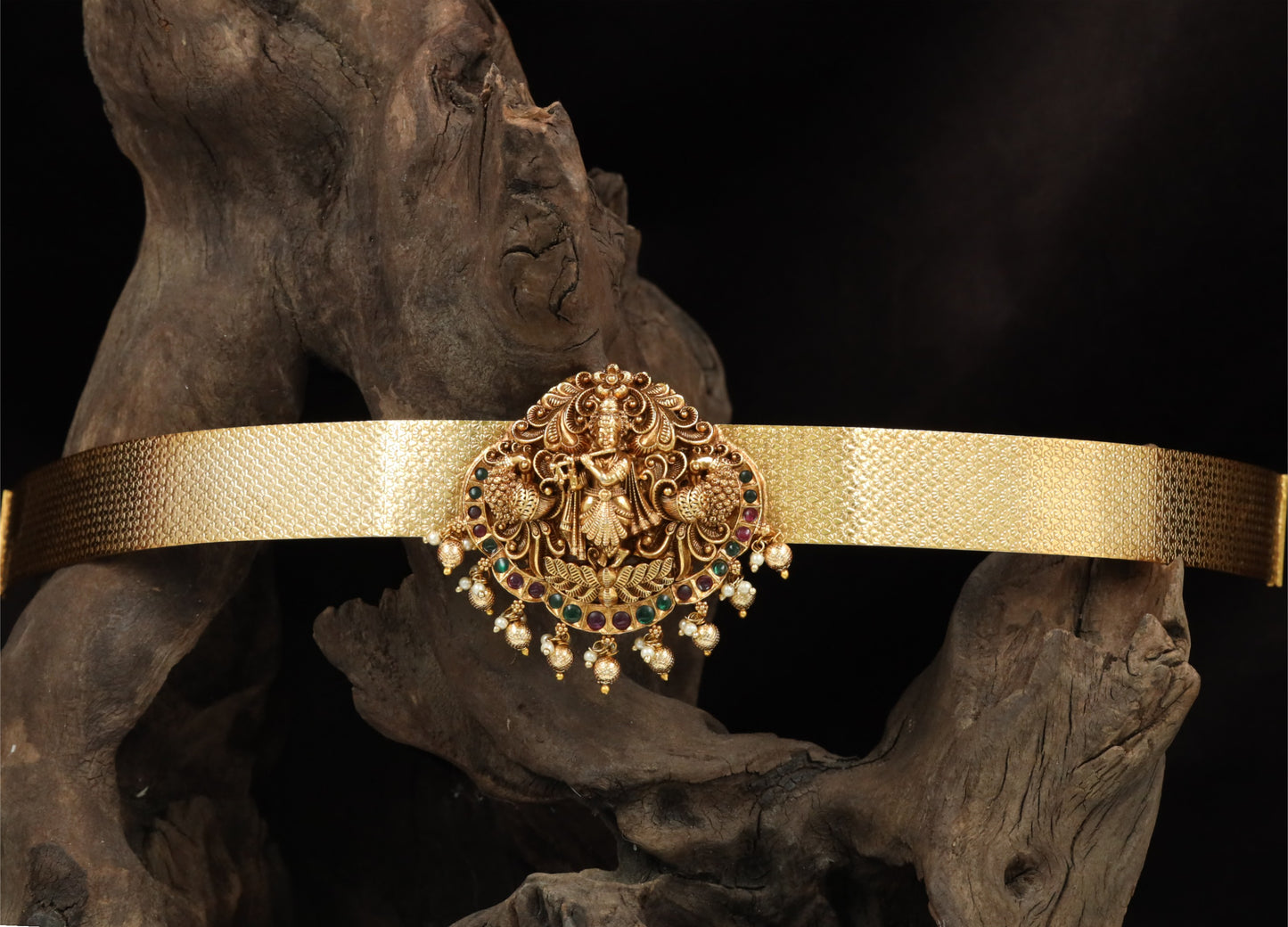Krishna Antique Dabu with ornate scrollwork and hanging drops