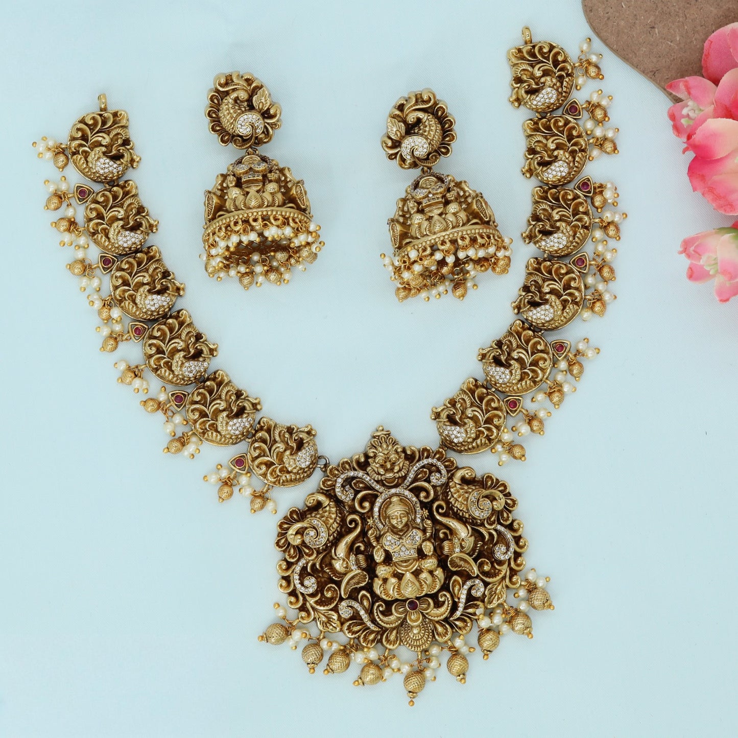 Lakshmi Peacock Antique Necklace with ornate pendant and jhumka earrings