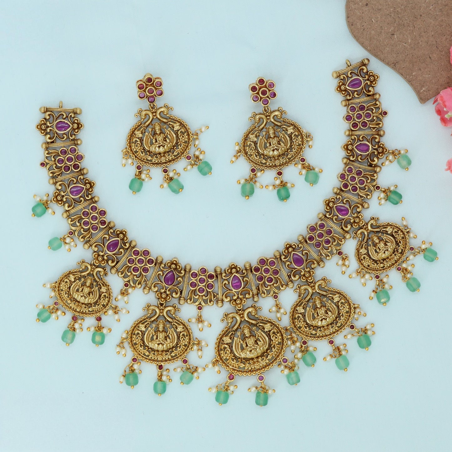 Heritage Peacock Antique Necklace with repeated Lakshmi pendants