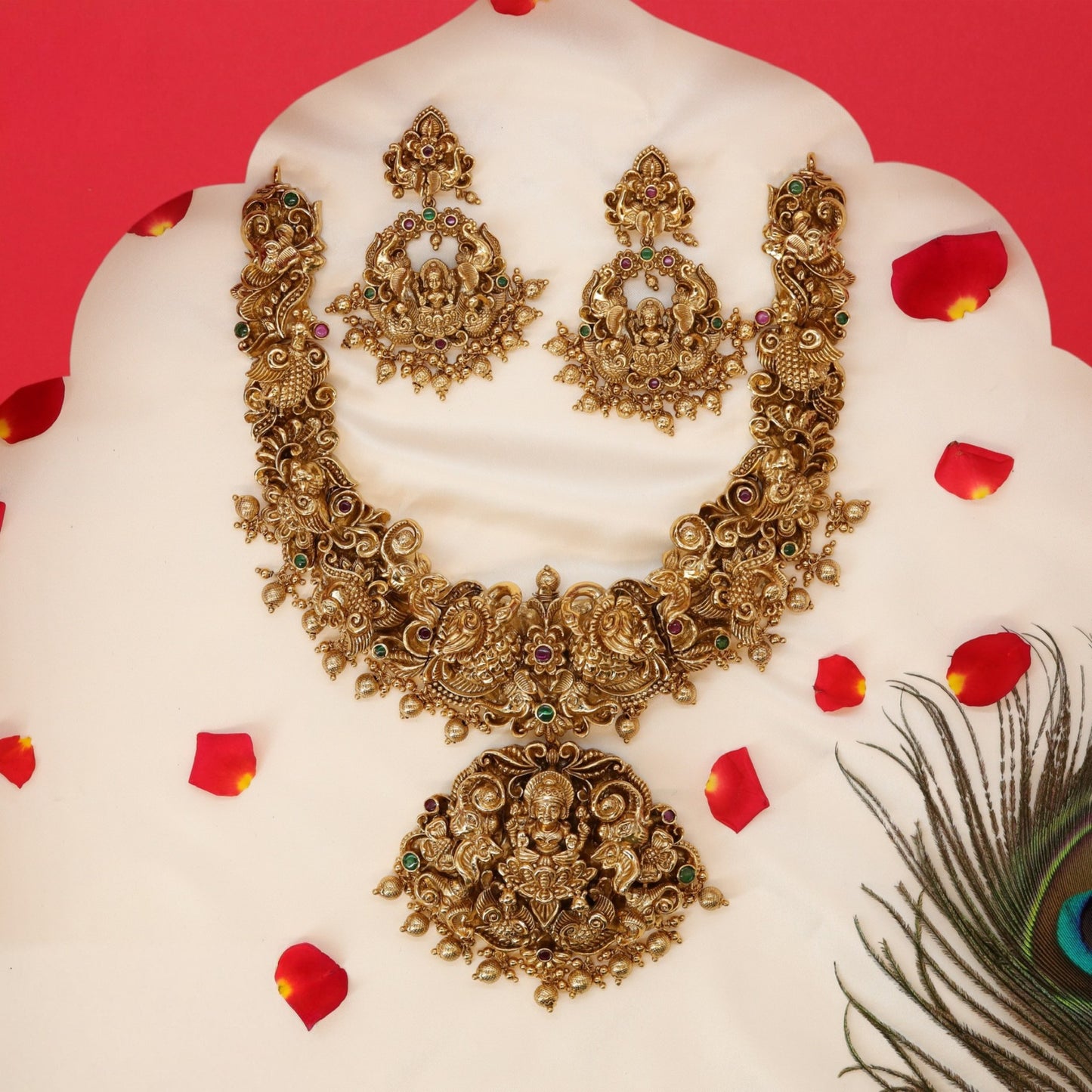 Lakshmi Peacock Antique Necklace with ornate pendant and floral detailing