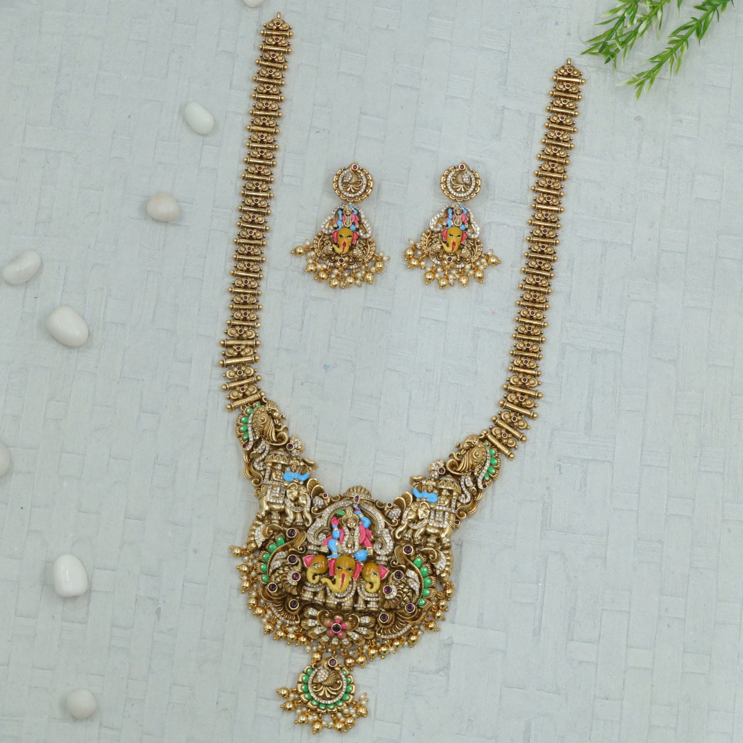 Grand Peacock Antique Long Haara with intricate Ganesha Krishna pendant