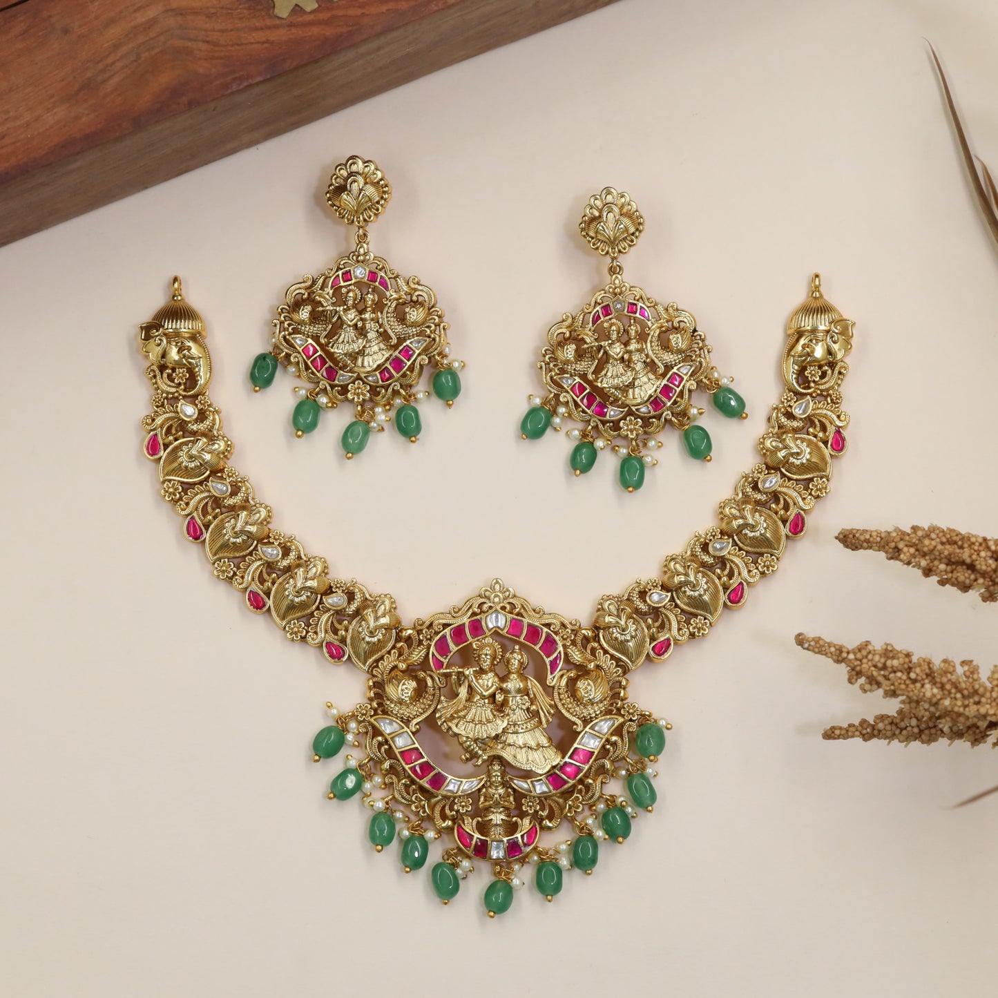 Regal Radha Krishna Antique Necklace with intricate peacock linkwork