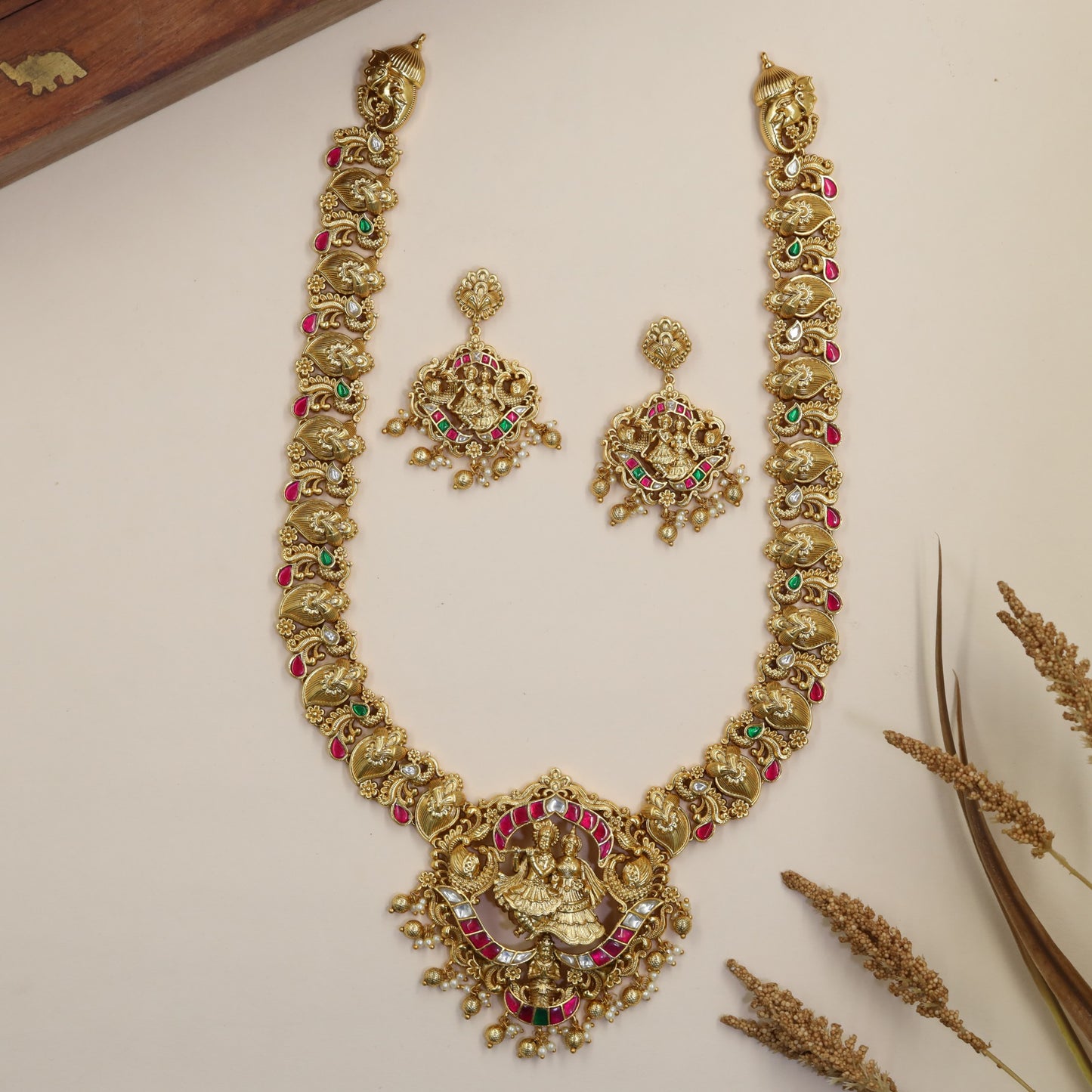 Peacock Radha Krishna Antique Long Haara with ornate pendant detailing