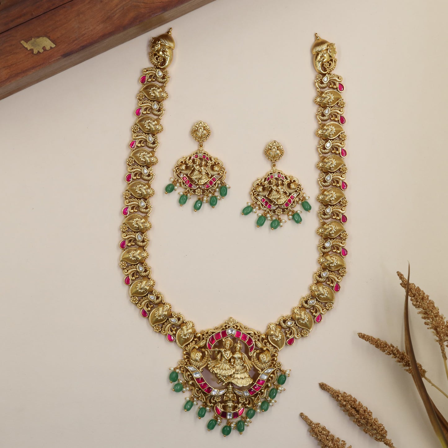 Peacock Radha Krishna Antique Long Haara with ornate pendant detailing