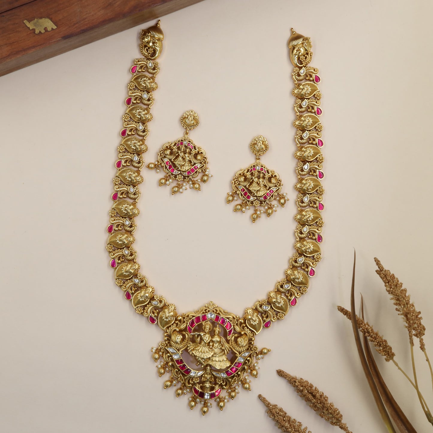 Peacock Radha Krishna Antique Long Haara with ornate pendant detailing
