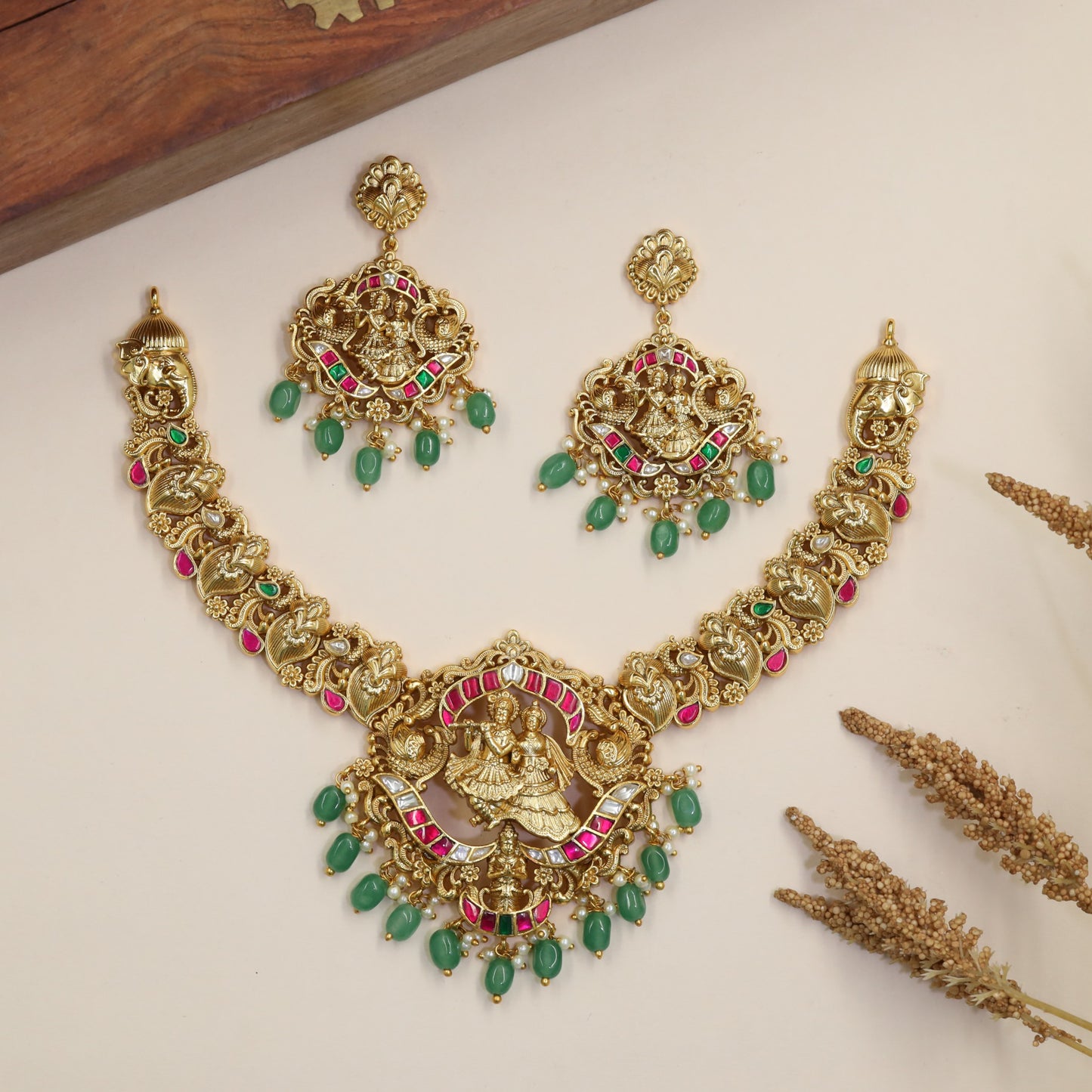 Regal Radha Krishna Antique Necklace with intricate peacock linkwork