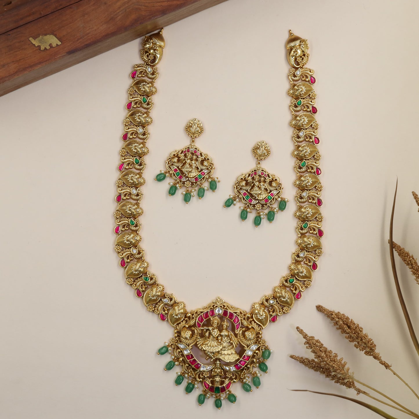 Peacock Radha Krishna Antique Long Haara with ornate pendant detailing