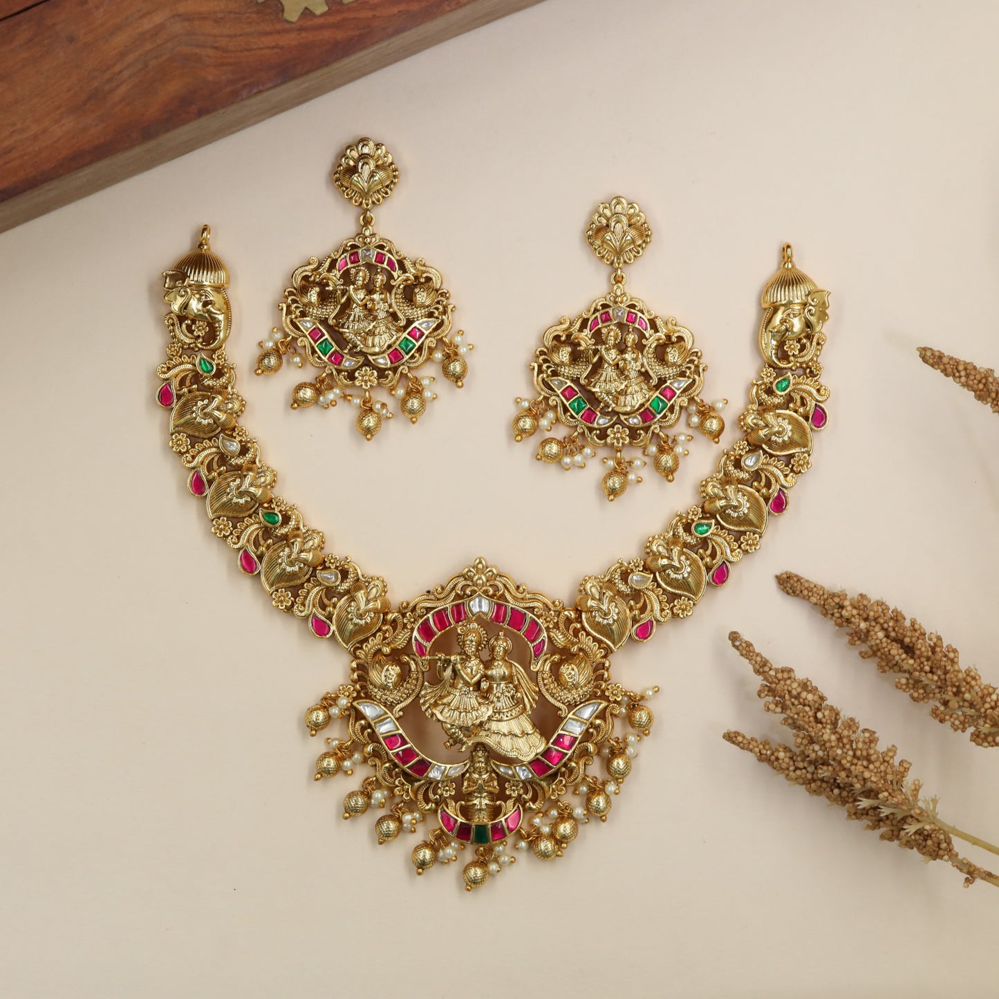 Regal Radha Krishna Antique Necklace with intricate peacock linkwork