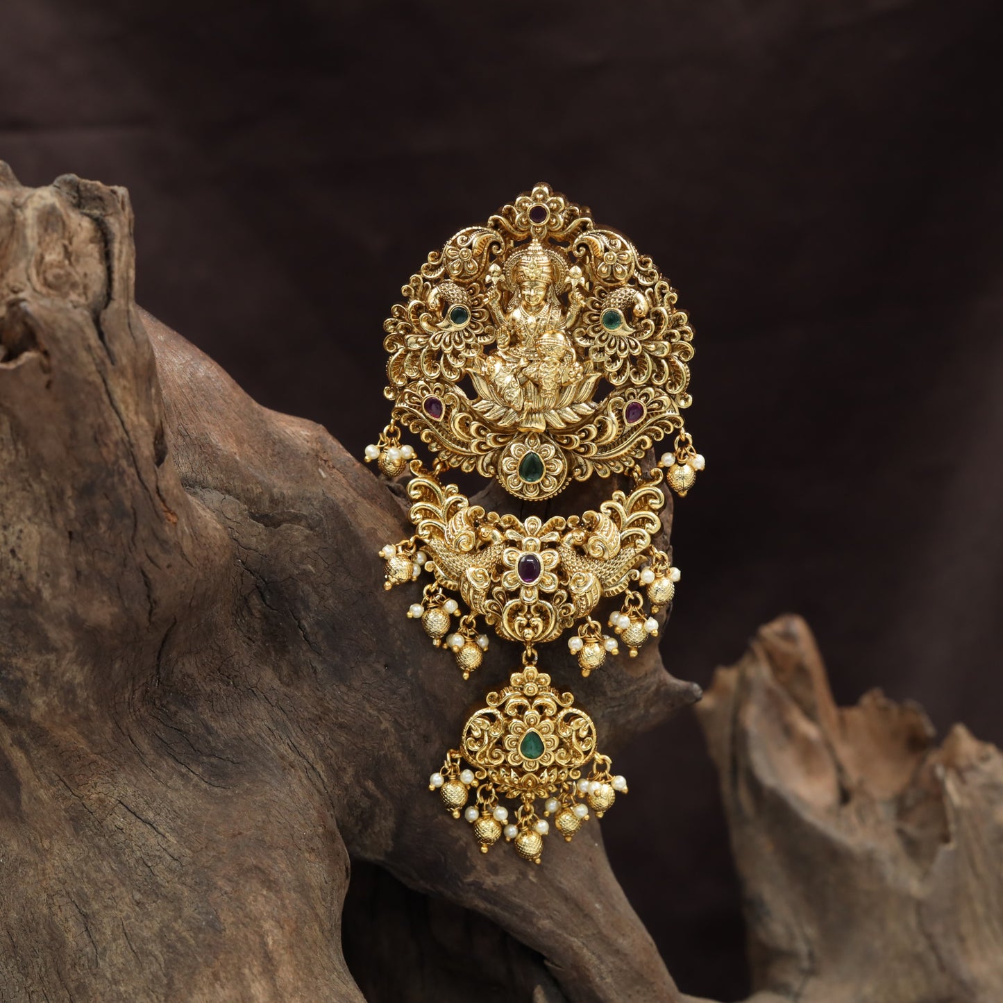 Classic Lakshmi Antique Jade Bille with curved scrolls and suspended beadwork