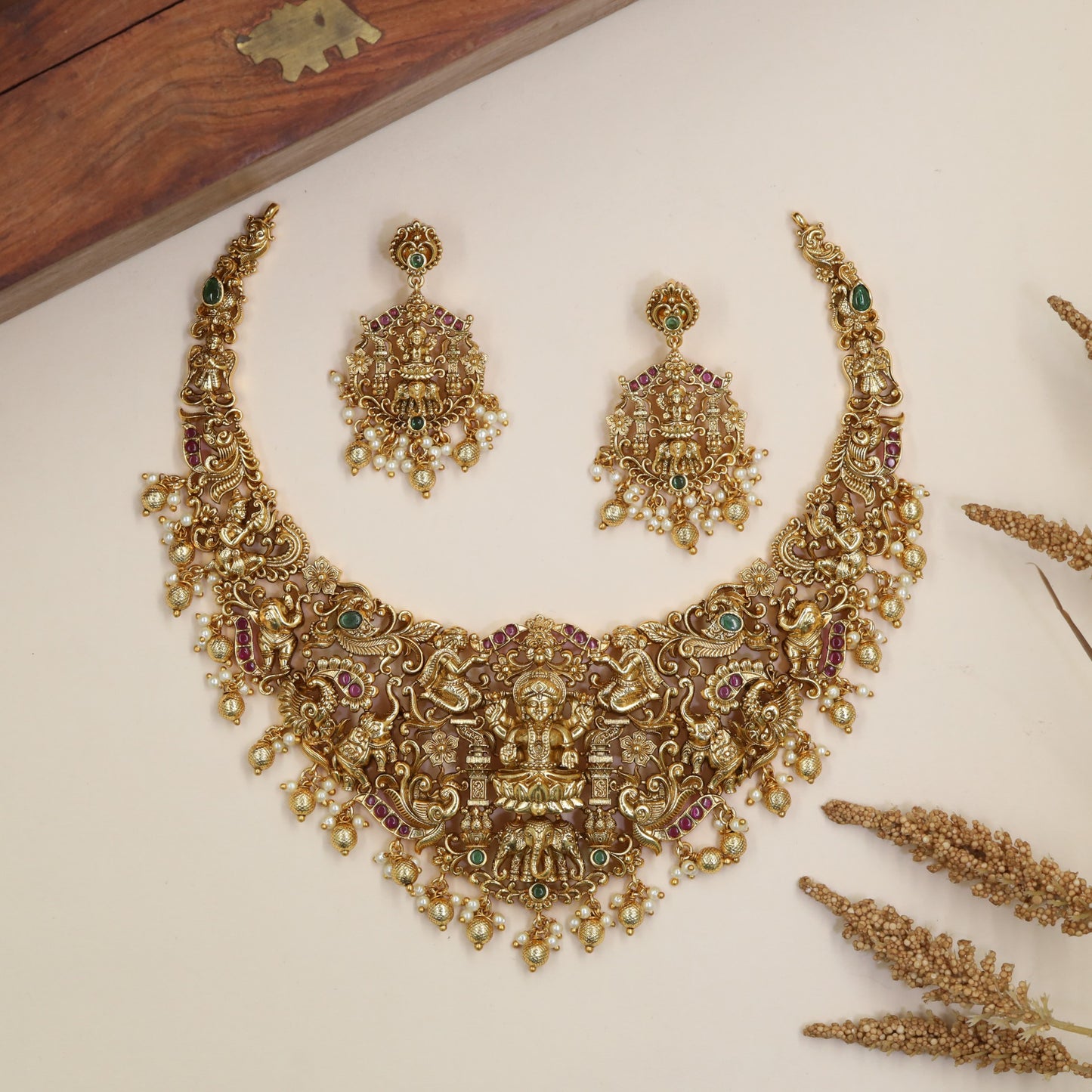Lakshmi Antique Necklace with peacock panels and sculpted centrework