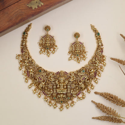 Lakshmi Antique Necklace with peacock panels and sculpted centrework