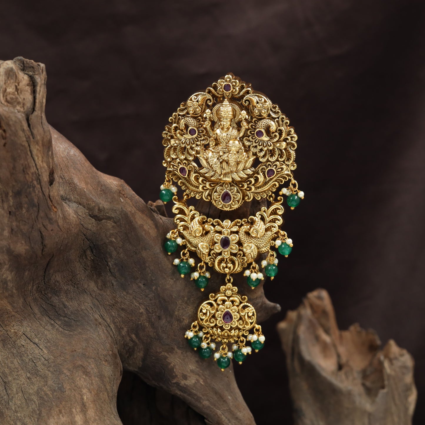 Classic Lakshmi Antique Jade Bille with curved scrolls and suspended beadwork