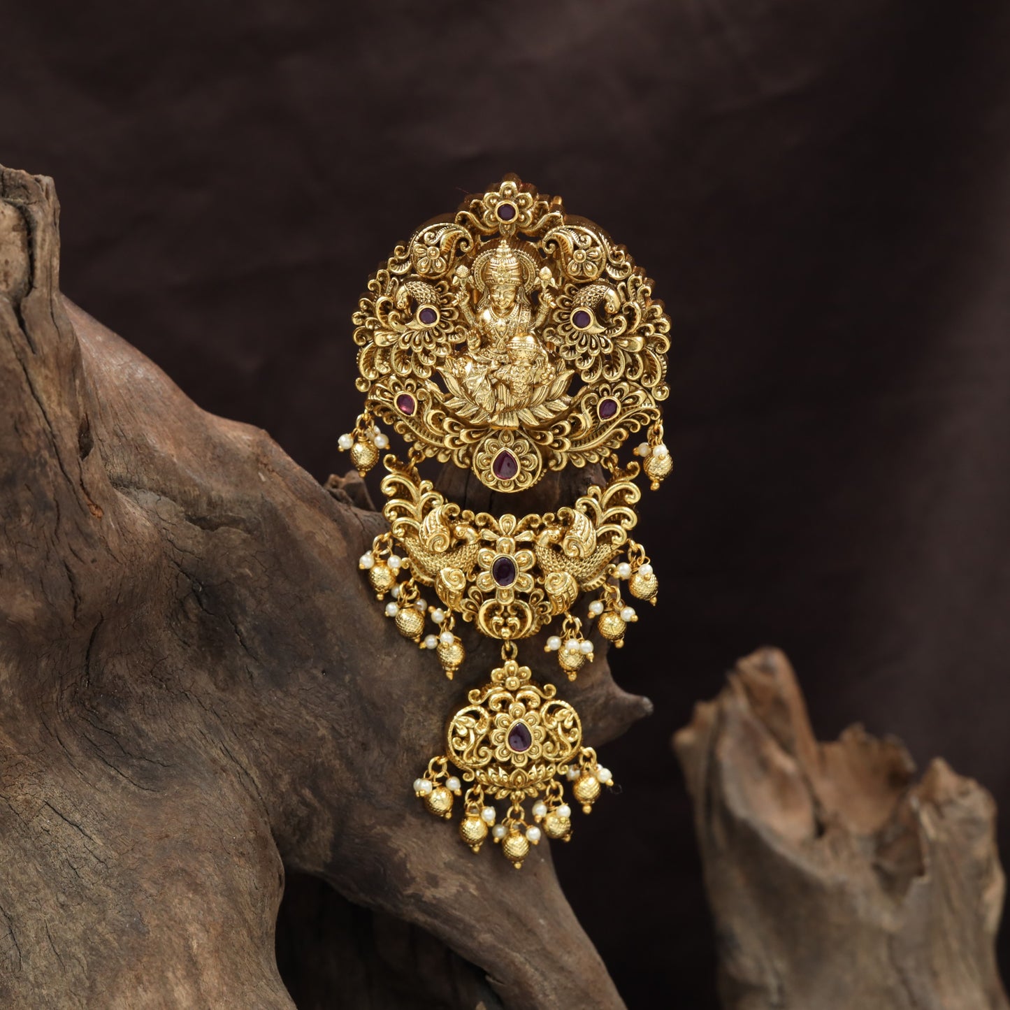 Classic Lakshmi Antique Jade Bille with curved scrolls and suspended beadwork