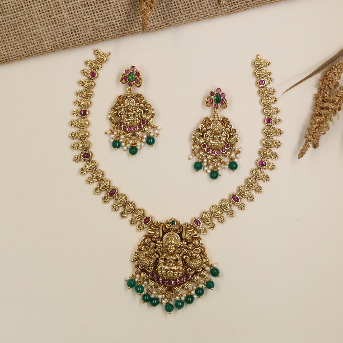 Lakshmi Antique Necklace with floral links and jade bead drops