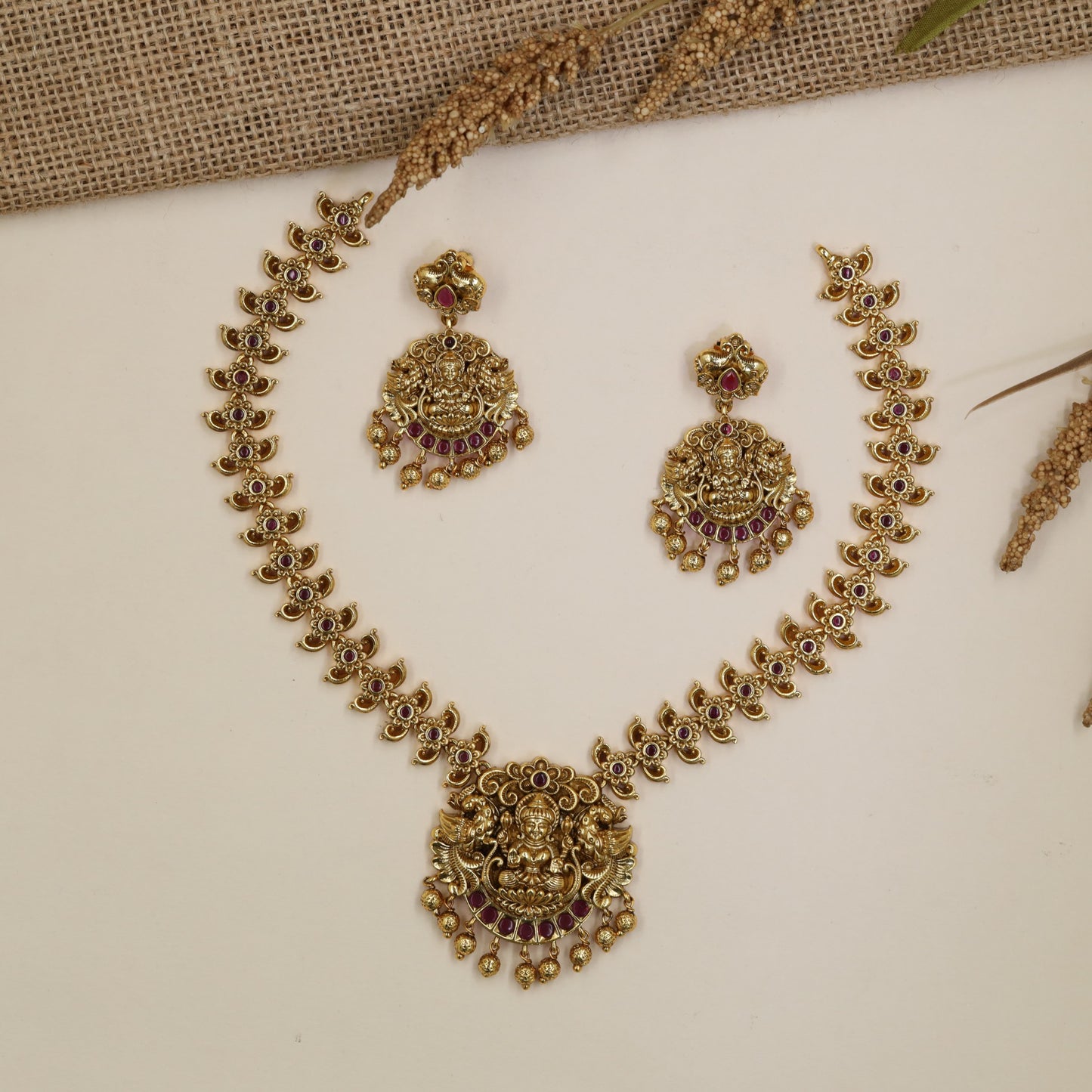Lakshmi Floral Antique Necklace with sculpted links and pendant drops