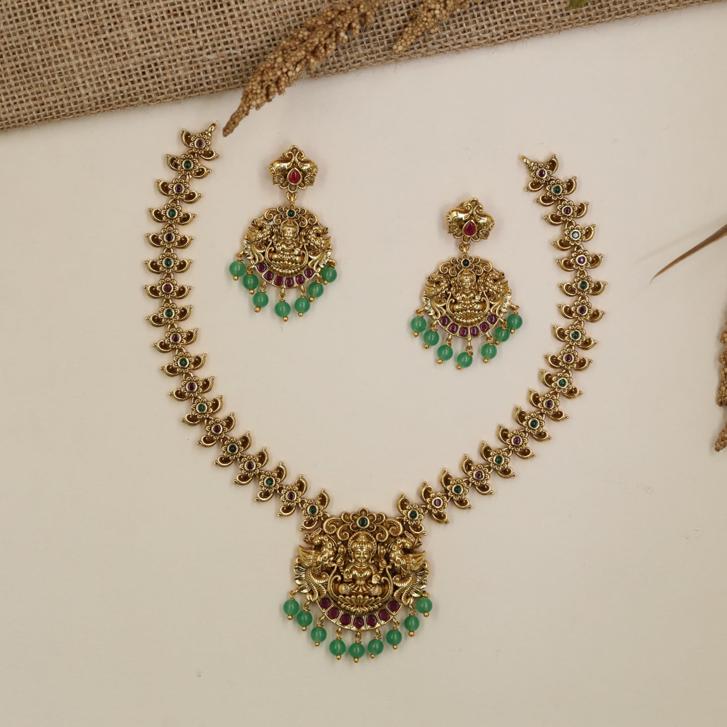 Lakshmi Floral Antique Necklace with sculpted links and pendant drops