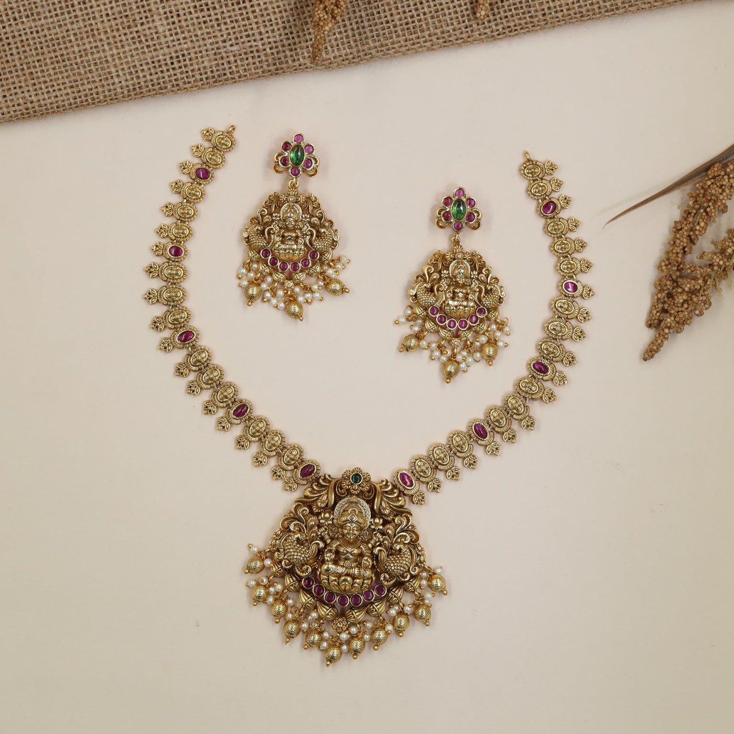 Lakshmi Antique Necklace with floral links and jade bead drops