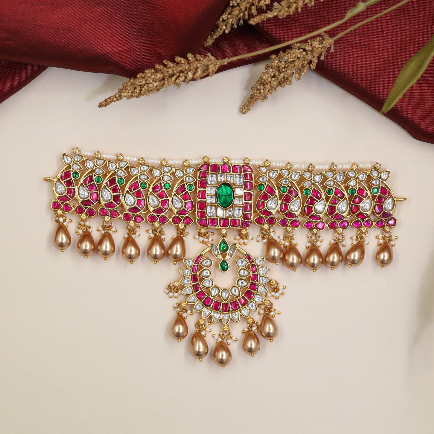 Bespoke Jadau Choker featuring teardrop elements and ornamental dropwork