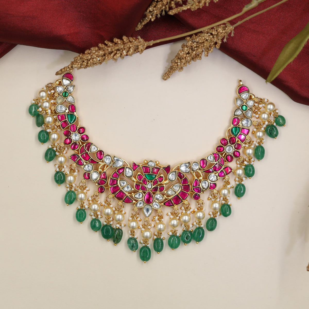 Jadau Necklace with Teardrop Links & Floral Centre