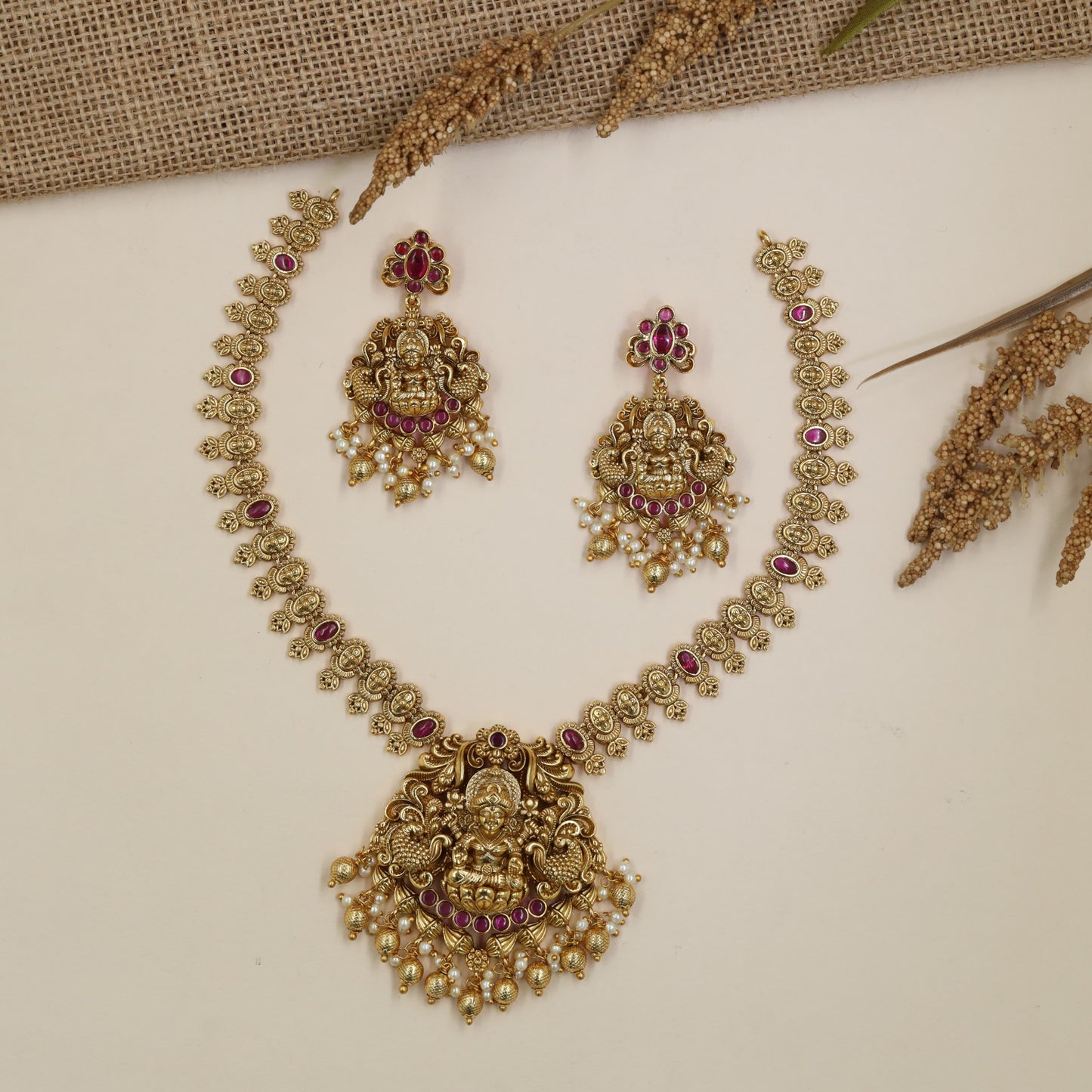 Lakshmi Antique Necklace with floral links and jade bead drops