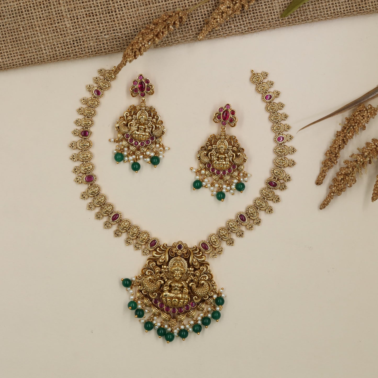Lakshmi Antique Necklace with floral links and jade bead drops