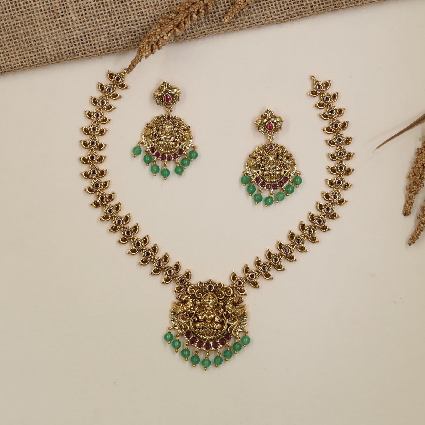 Lakshmi Floral Antique Necklace with sculpted links and pendant drops