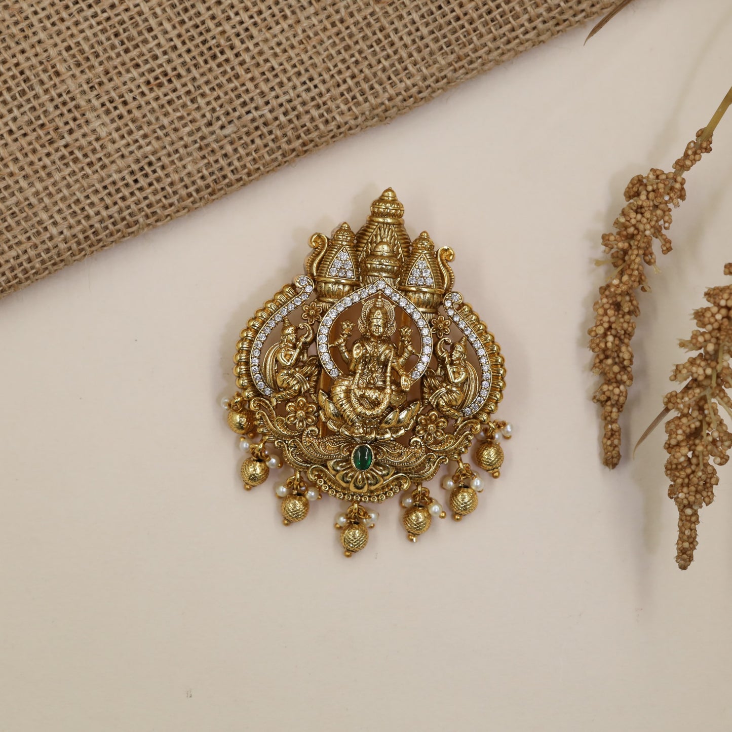 Devotional Antique Jade Bille with seated Lakshmi, curved arches and dropwork