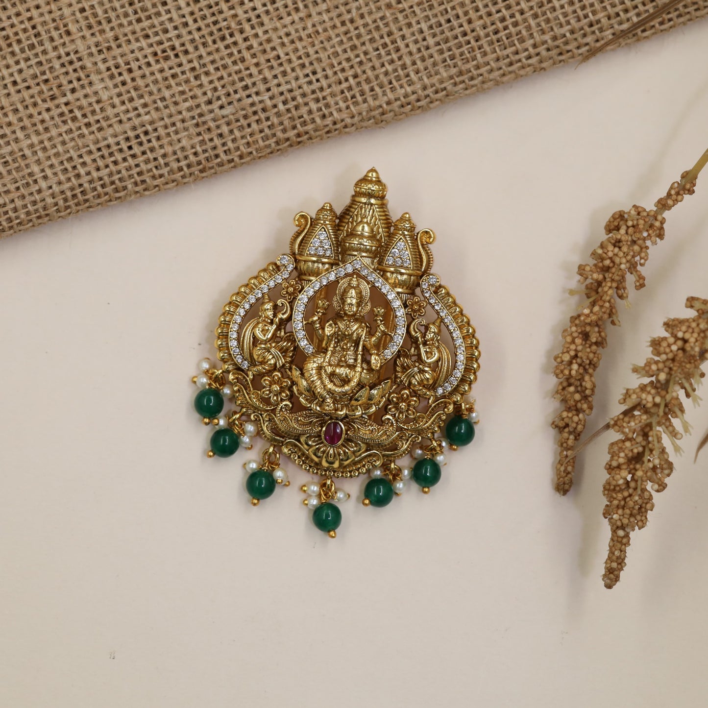 Devotional Antique Jade Bille with seated Lakshmi, curved arches and dropwork