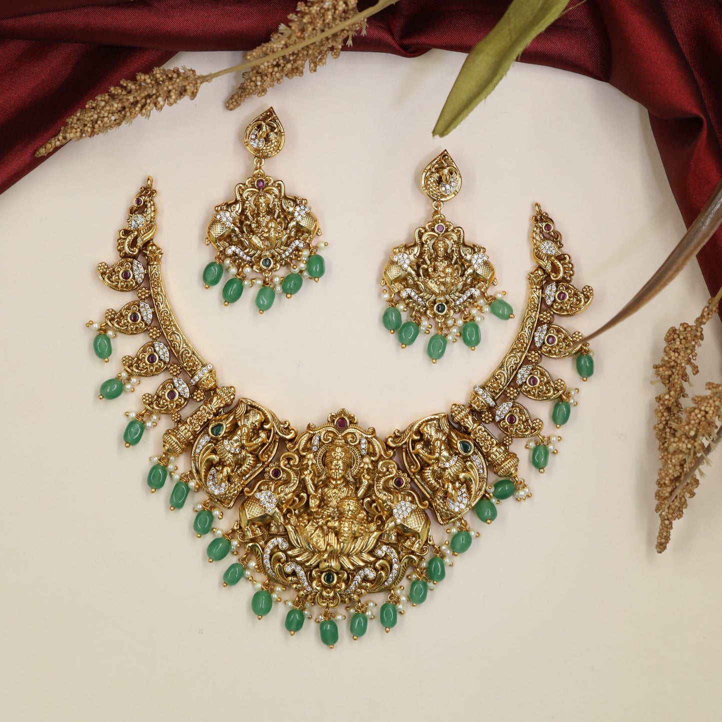 Temple-art Lakshmi Antique Necklace with curved peacock detailing and pendant work
