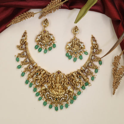 Temple-art Lakshmi Antique Necklace with curved peacock detailing and pendant work