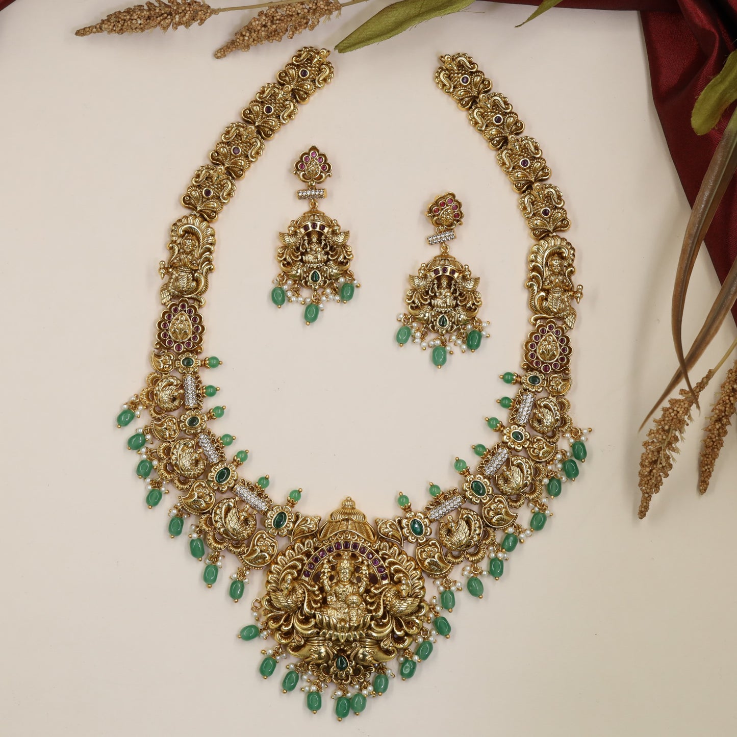 Grand Lakshmi Antique Long Haara with sculpted panels and delicate dropwork