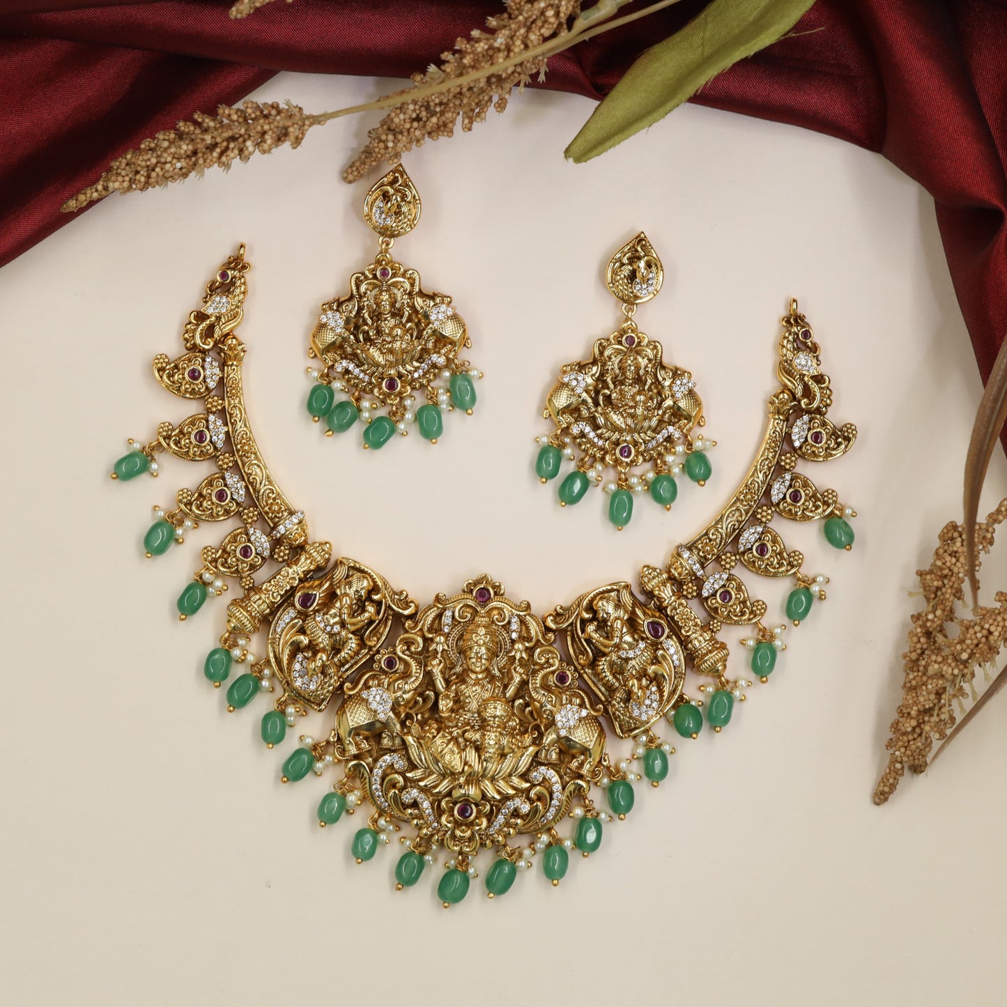 Temple-art Lakshmi Antique Necklace with curved peacock detailing and pendant work