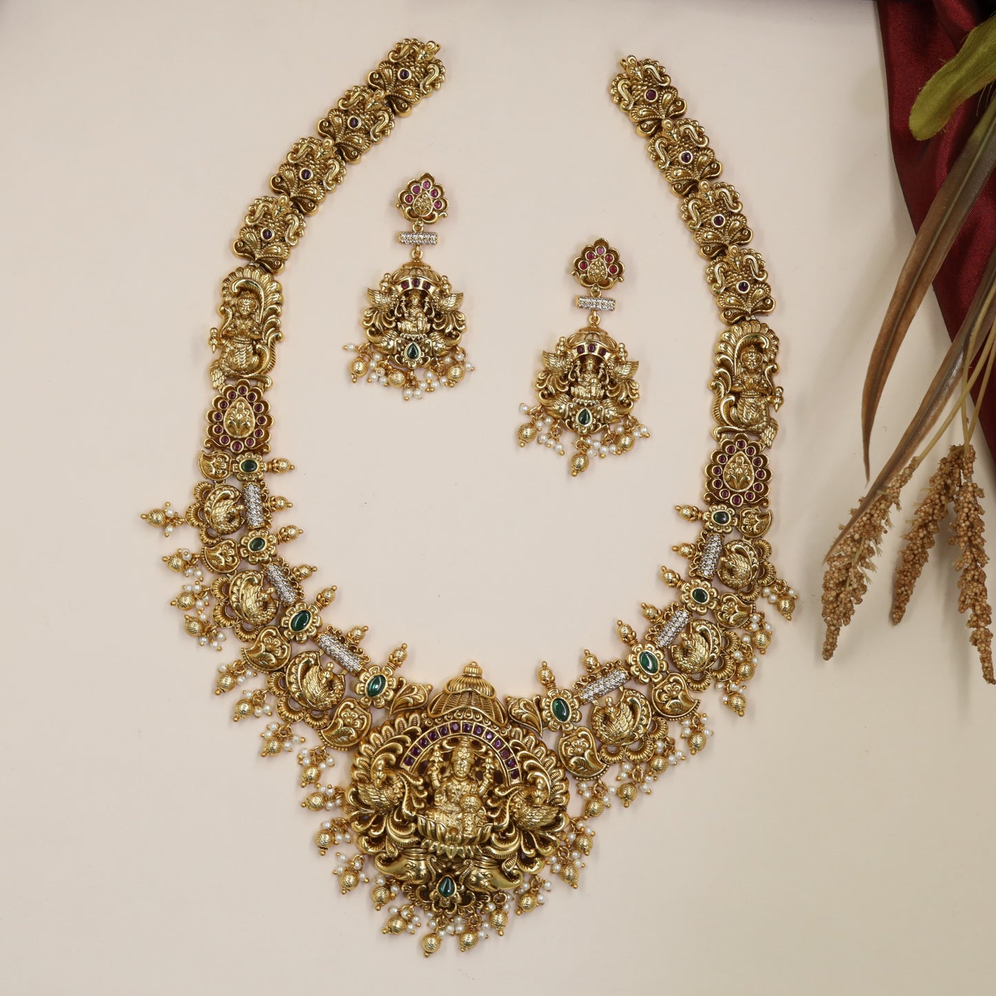 Grand Lakshmi Antique Long Haara with sculpted panels and delicate dropwork