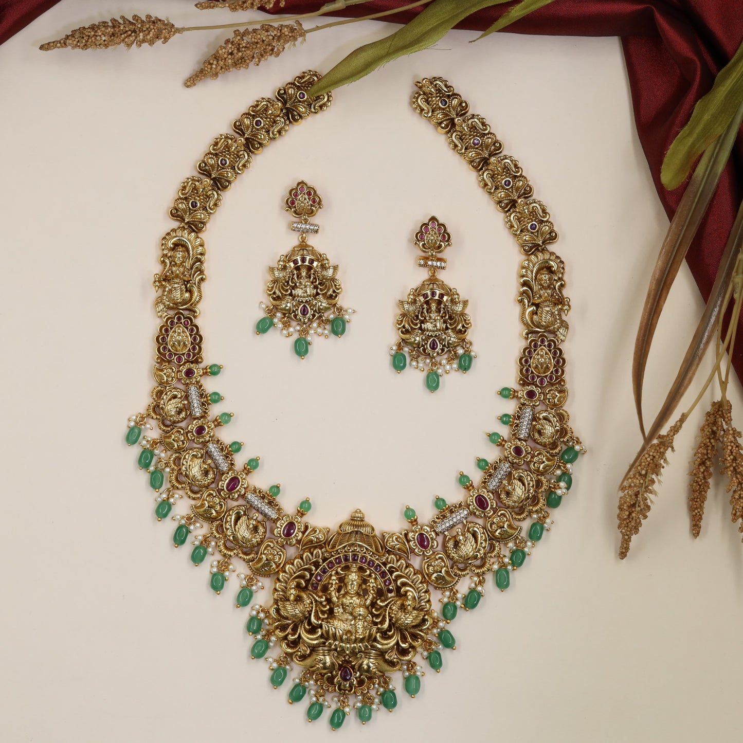 Grand Lakshmi Antique Long Haara with sculpted panels and delicate dropwork
