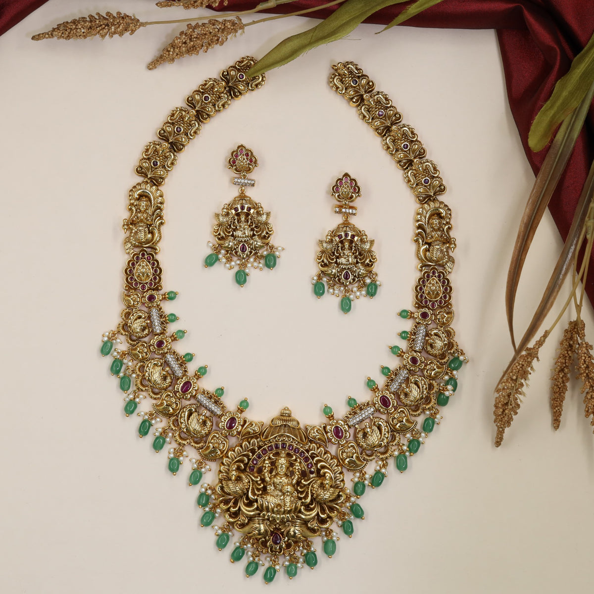 Antique Lakshmi Long Haara Set with Sculpted Deity Panels