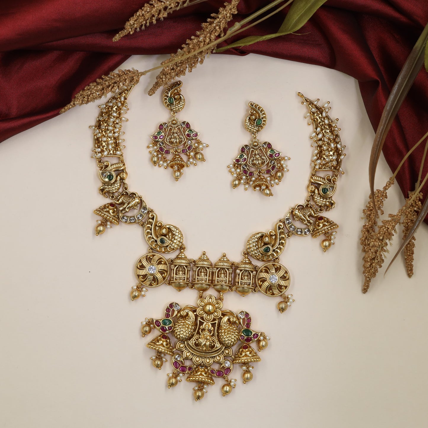 Traditional Lakshmi Antique Necklace with sculpted peacocks and hanging beads