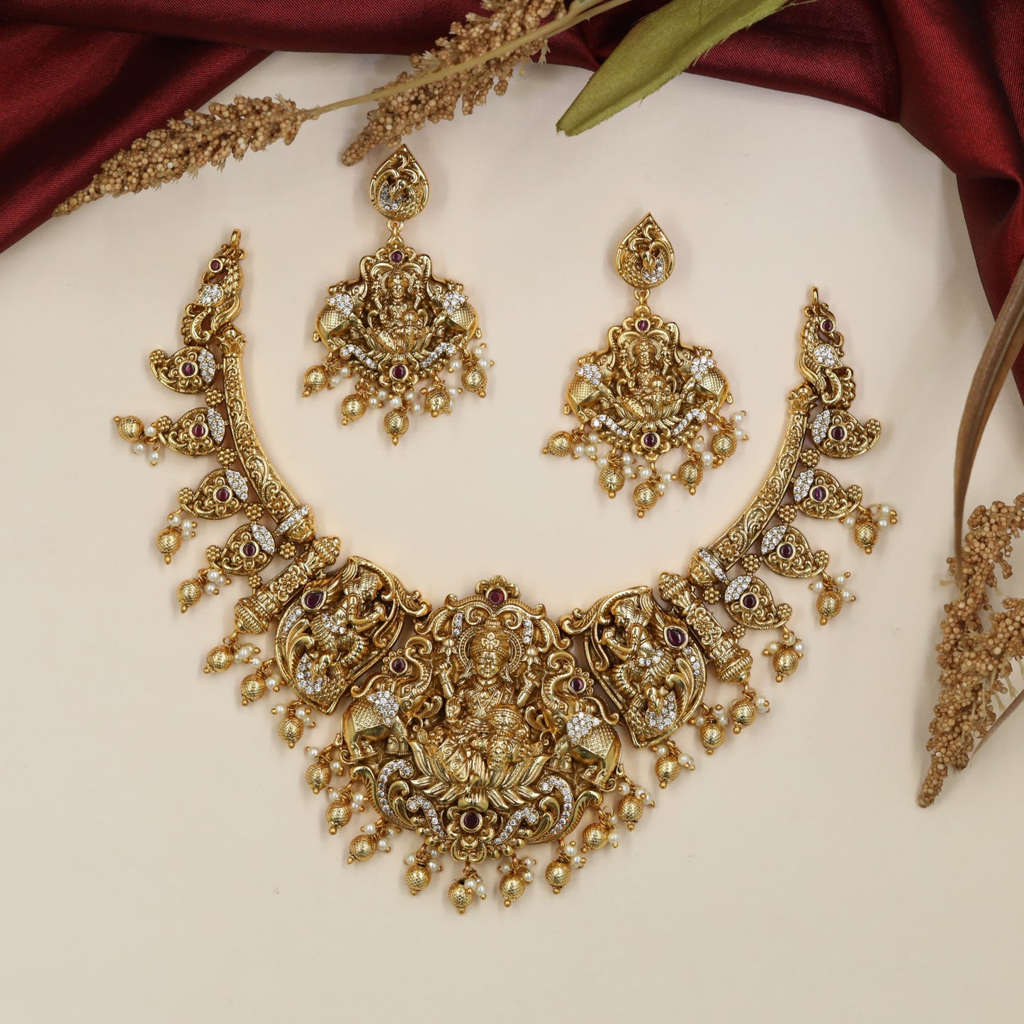 Temple-art Lakshmi Antique Necklace with curved peacock detailing and pendant work