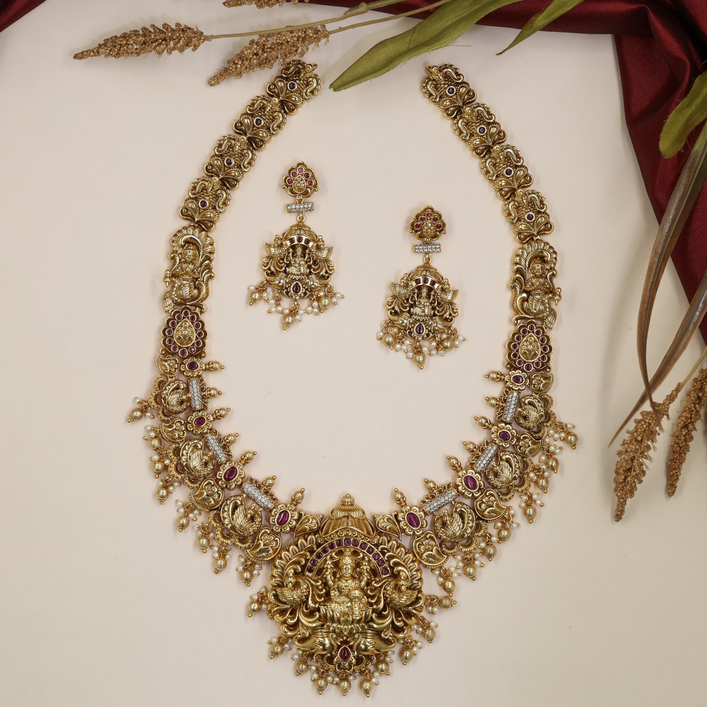 Grand Lakshmi Antique Long Haara with sculpted panels and delicate dropwork