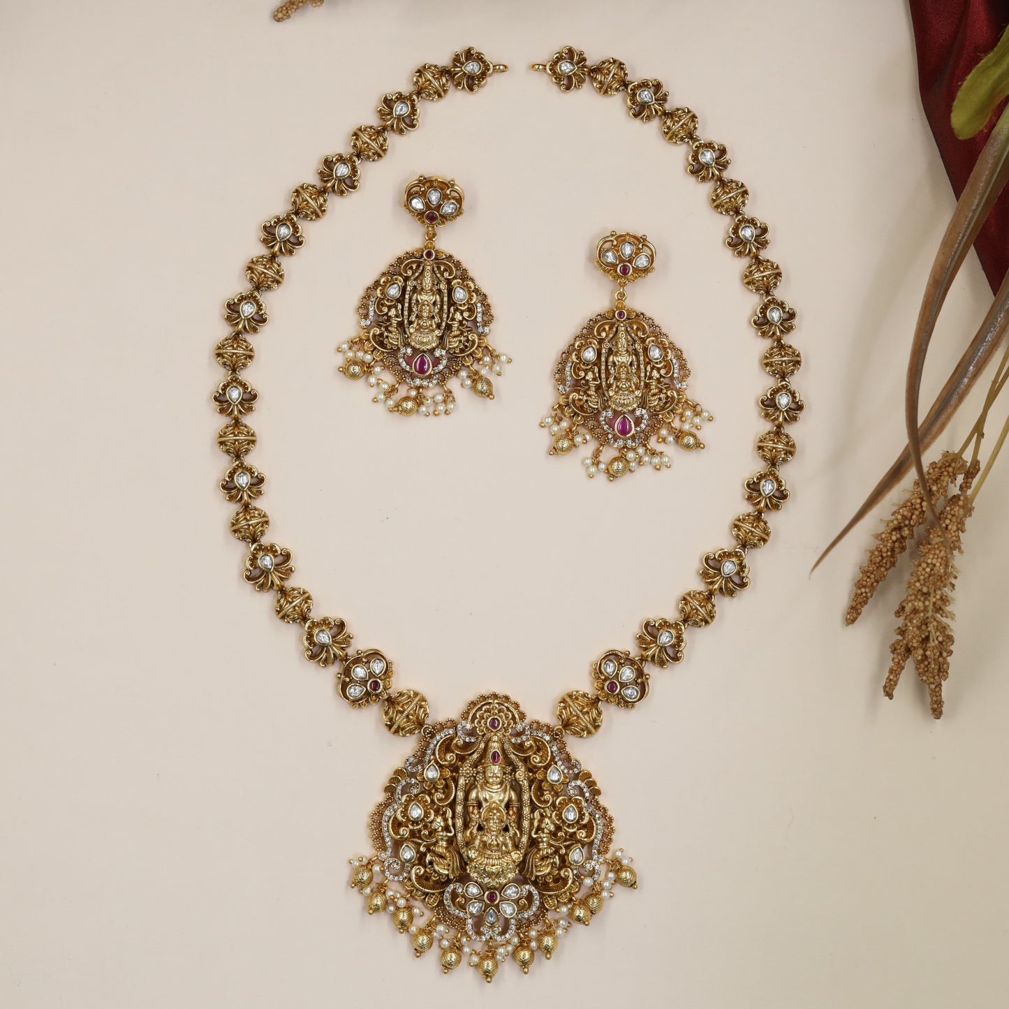 Balaji Lakshmi Antique Long Haara with ornate deity panels and floral links