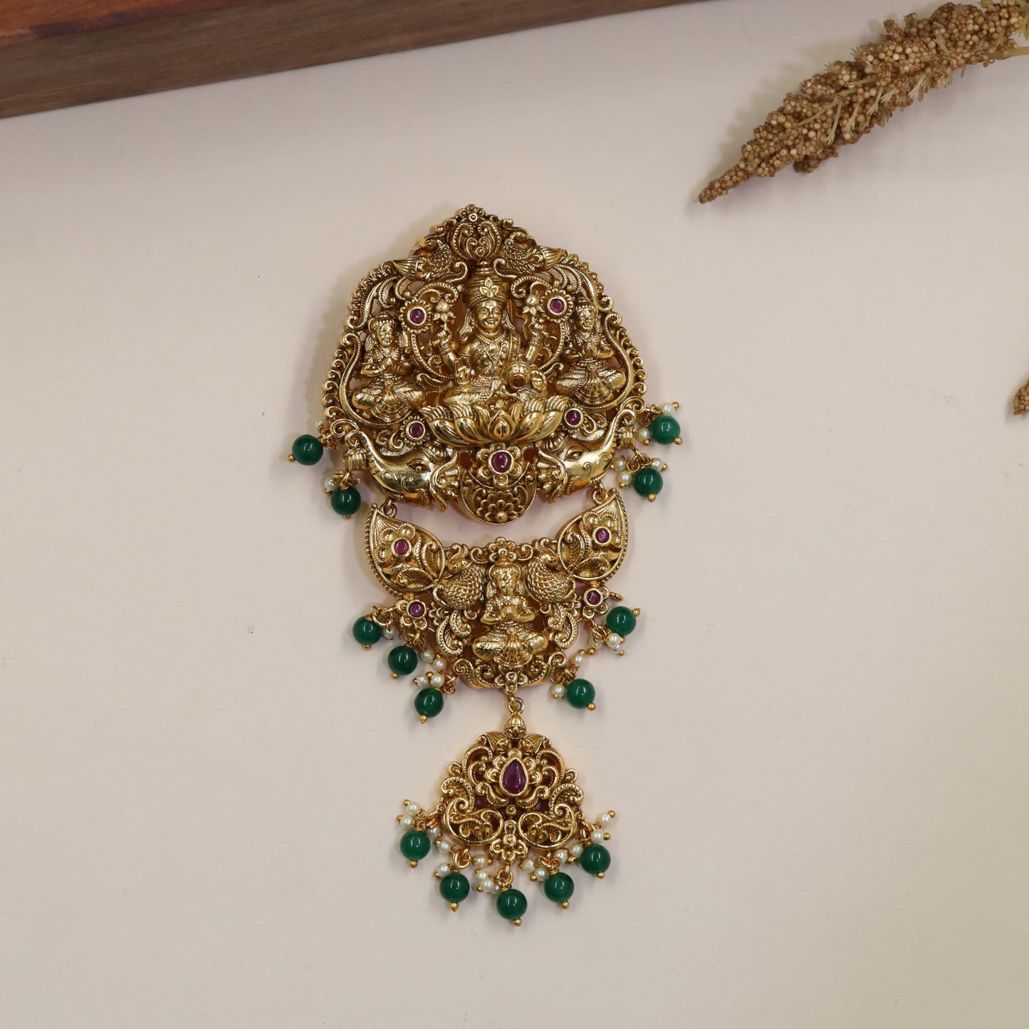 Lakshmi Jada Bille with Three-Part Pendant Composition and Sculptural Peacock Work