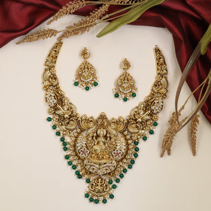 Grand Lakshmi Antique Necklace with sculpted sidework, floral detailing and bead drops