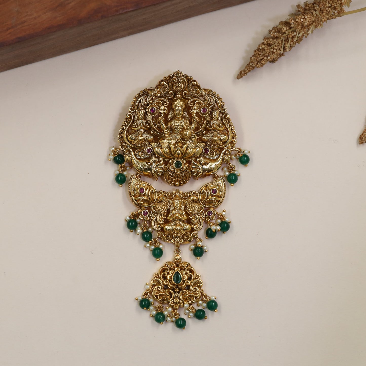 Lakshmi Jada Bille with Three-Part Pendant Composition and Sculptural Peacock Work