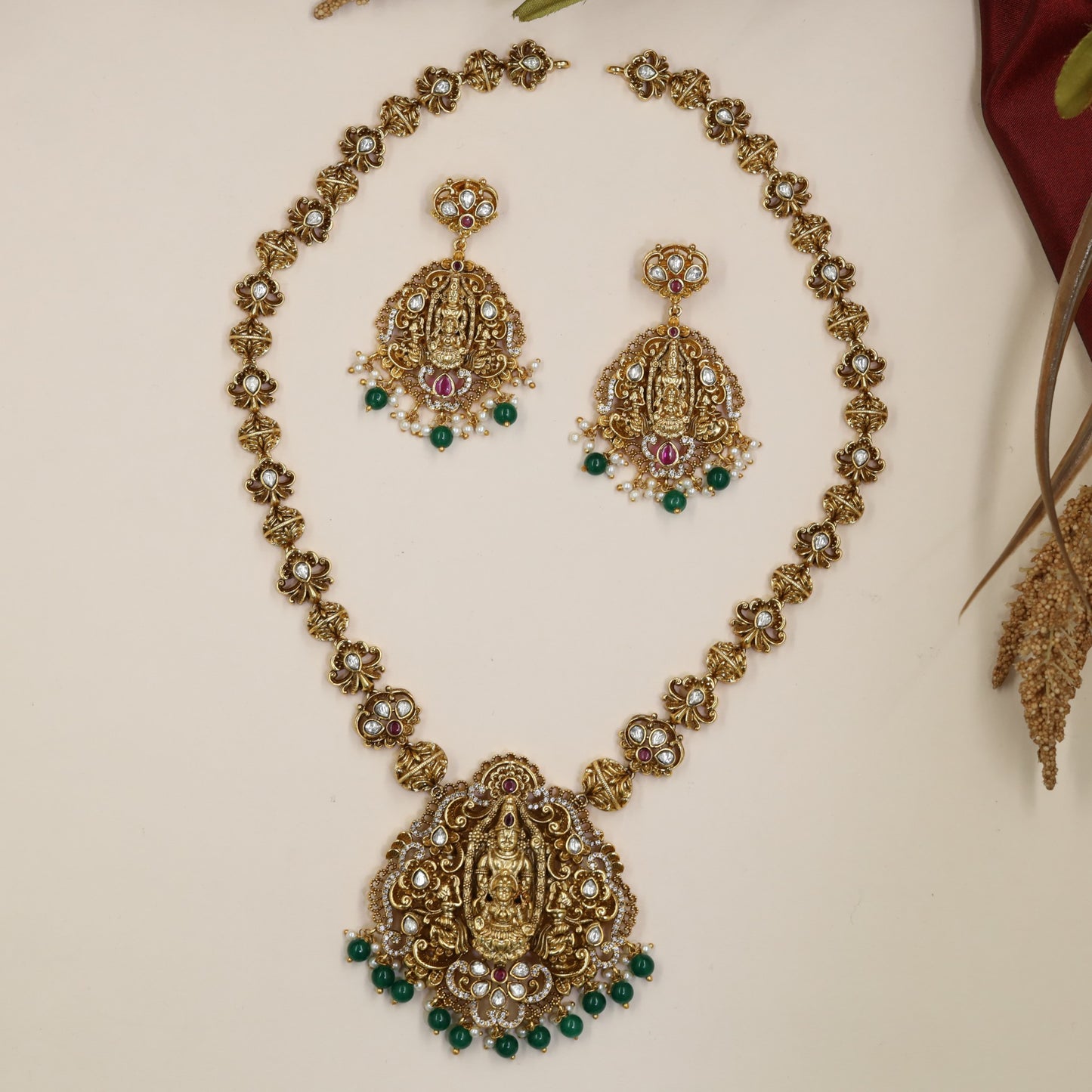 Balaji Lakshmi Antique Long Haara with ornate deity panels and floral links