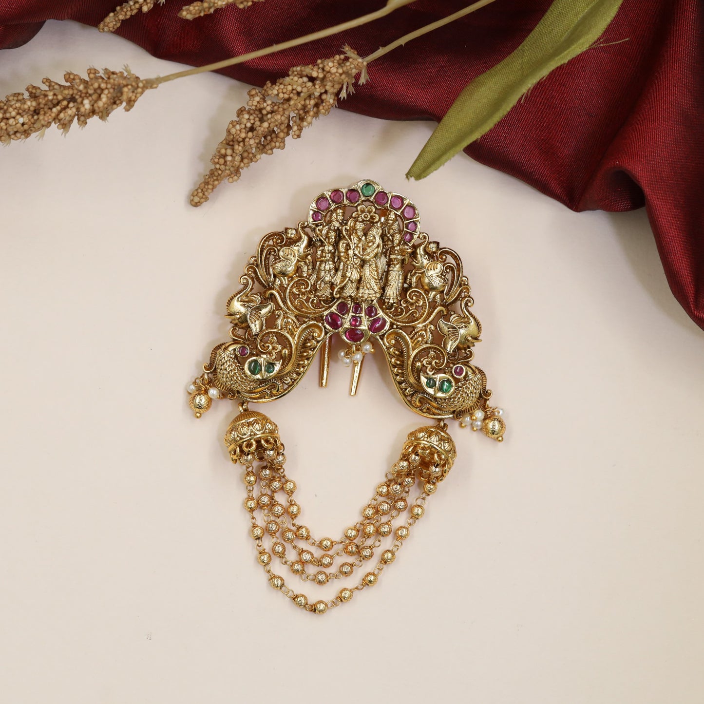 Krishna Radhe Antique Jade Bille featuring twin peacocks and ornate scrollwork