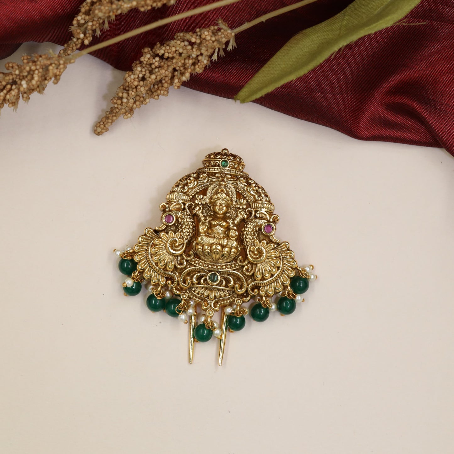 Traditional Lakshmi Antique Jade Bille with sculpted arches and clustered bead drops